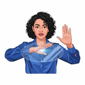Female Digital Anchor Interacting With Glass Touch Interface