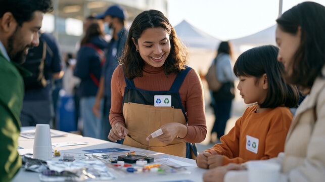 Recycling sorter in a crowded community science fair apologizes to a student for a sorting error pointing to a bandaged finger from earlier work as a couple nearby examines a