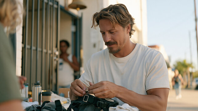 A costume designer repairing a broken buckle on a theatrical harness on a busy sidewalk, hands working close in the framing, a school bell mounted above the doorway about to ring,