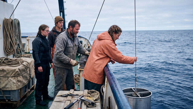 Members of a marine expedition retrieve a water sampler from the ocean floor. Oceanography concept.