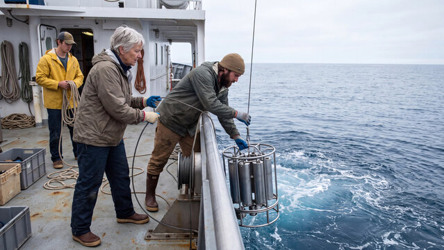 Oceanographers are hoisting a water sampler to study ocean water samples.