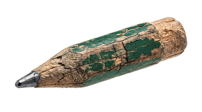 Rough wooden projectile with peeling green paint and metal tip for weaponry or industrial design.