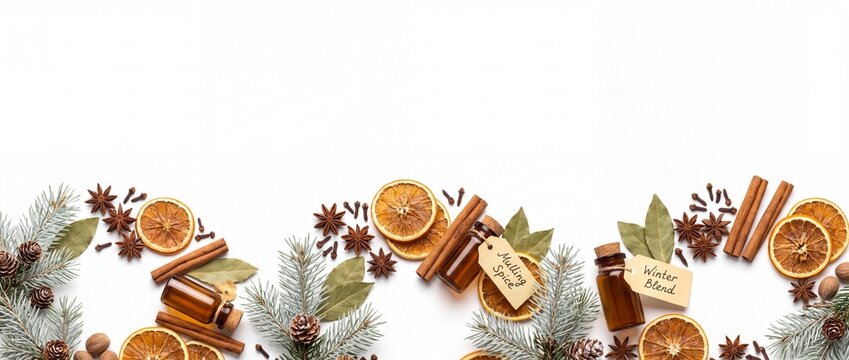 Holiday Christmas Banner with Artisanal Mulling Spice Blend Arranged Isolated on White Background
