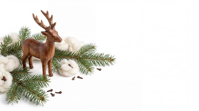 Festive Holiday Banner with Carved Wooden Deer Figurine Graceful Isolated on White Background