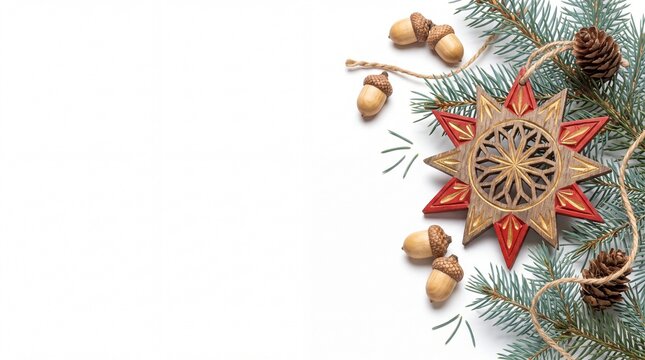Holiday Christmas Banner with Traditional Wooden Folk Star Medallion Isolated on White Background
