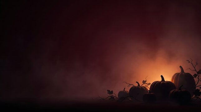 Silhouetted orange pumpkins sit on dark surface against moody gradient background featuring swirling atmospheric smoke and soft warm light for a festive autumn holiday season display.