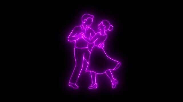 Glowing neon line man and woman dance icon animation. motion graphic video animation. on a black background. Romantic couple dancing in nightclub. Man and woman rejoicing at disco party