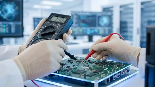 Engineer measuring voltage on green circuit board with digital multimeter in high-tech lab