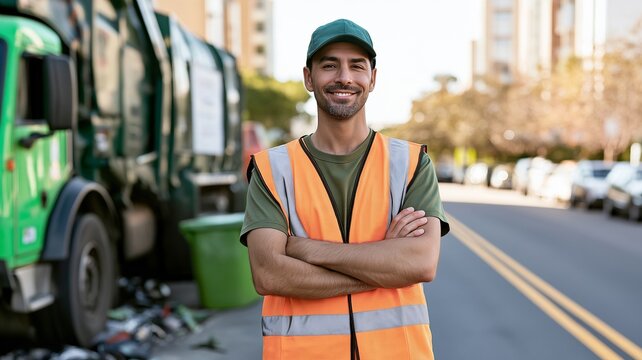 A smiling sanitation worker wearing a high-visibility safety vest stands beside a waste collection truck on an urban street.