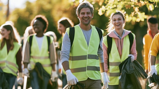 A group of volunteers who had cleaned the park are grinning and strolling together.