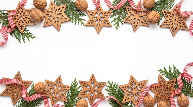 Christmas Background Banner with Traditional Wooden Folk Star Medallion Isolated on White Background