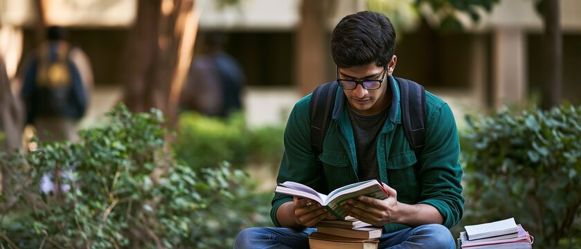 A student from India is reading literature on a university campus.