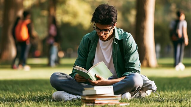 A student from India is reading literature on a university campus.