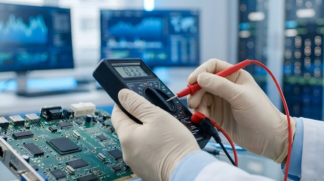 Professional engineer hands in protective gloves using a digital multimeter to measure voltage and test electronic components on a circuit board in a high-tech research and development laboratory.