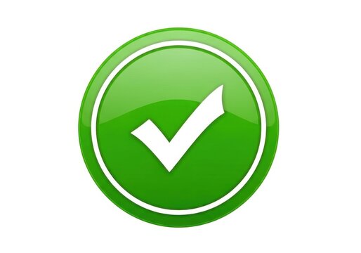 Glossy green circular button with a white check mark symbol isolated on a white background, representing success, approval, and completion