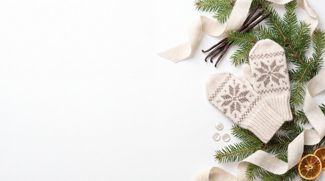 Festive Christmas Banner with Pair of Miniature Hand-knitted Wool Isolated on White Background