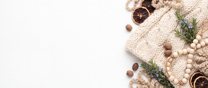 Christmas Banner with Luxurious Chunky Ivory Merino Wool Cable-knit Isolated on White Background