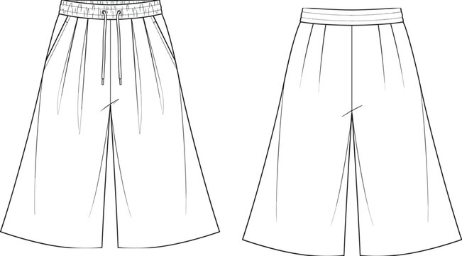 Wide Leg Culottes Technical Fashion Sketch with Elastic Drawstring Waist Front and Back View Flat Illustration