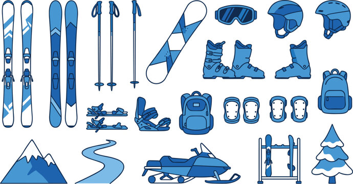 Ski and snowboard equipment vector set with alpine skis snowboard poles boots helmet goggles snowmobile and winter mountain gear collection