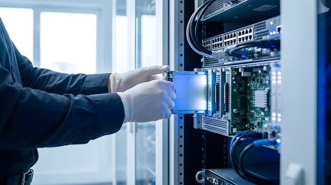 IT technician hands in gloves installing modular server component into rack, professional hardware maintenance and network storage upgrade in modern data center facility.