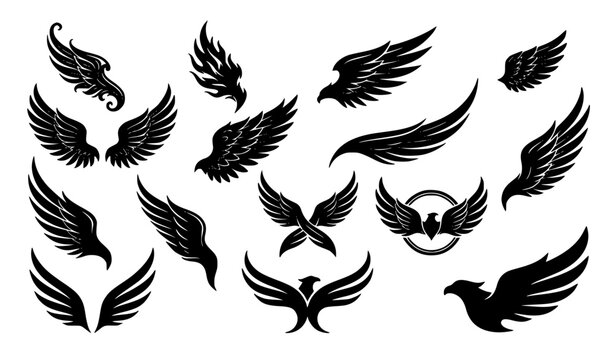 Decorative black phoenix angel hawk and bird wing silhouette vector emblem set