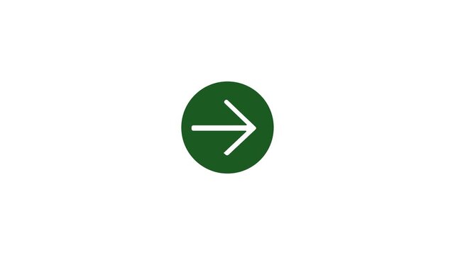 white left arrow icon inside dark green circular button white background animation.