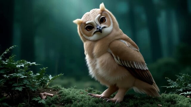 Fluffy tan owl standing on mossy forest floor surrounded by green foliage