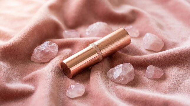 A close-up view of a copper lipstick tube rests on a pink velvet cloth, surrounded by raw rose quartz crystals, evoking a sense of luxury and natural beauty.
