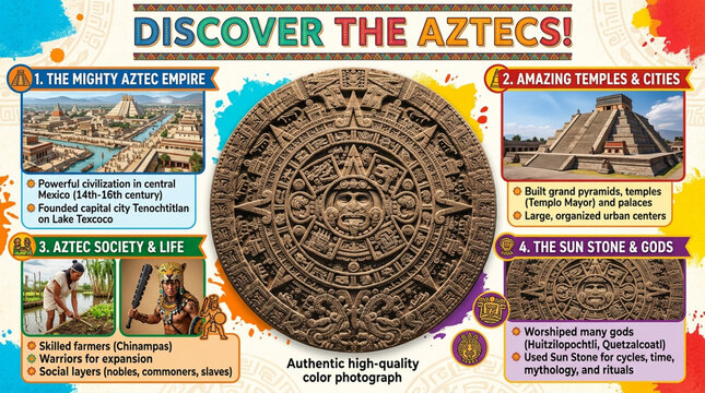 Ancient Aztec Empire History and Culture Educational Infographic with Sun Stone and Pyramids