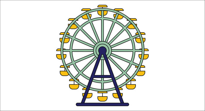 A stylized ferris wheel illustration features a circular design with yellow passenger cars and a white background