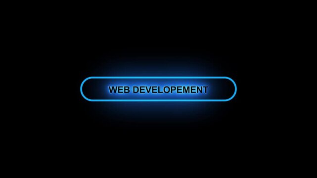 Neon web developement button animation on transparent background. Upload now button click animation. button with icon animation concept. Glowing neon text web developement animation