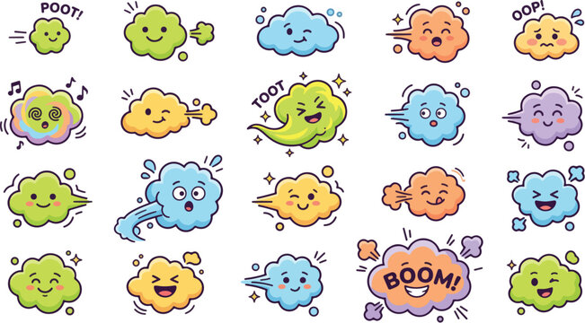Fart cloud icon set featuring funny colorful cartoon characters with expressive faces and various silly sound effect