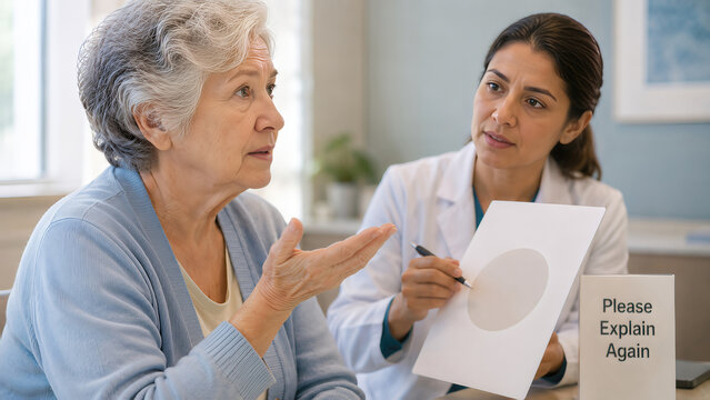 Difficult Decisions and Patient Communication: senior woman asks doctor to explain medical information again, emphasizing patient understanding and clear healthcare communication