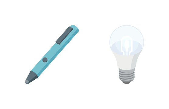 Isometric Vector Illustration of a Digital Stylus Pen and a Bright Light Bulb Idea Icon Set Concept