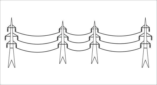 Electrical transmission towers and power lines are depicted in a black and white line drawing