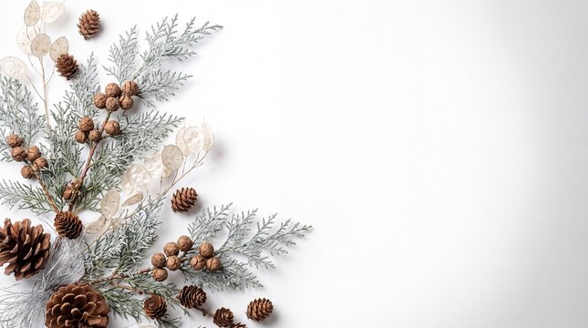 Christmas Banner with Silvery Arizona Cypress Branch Glaucous Scale Isolated on White Background