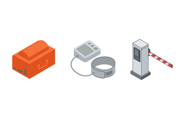 Obraz premium Isometric Vector Illustration Set Featuring Electronic Devices Monitoring Tools and Parking Barrier Gate