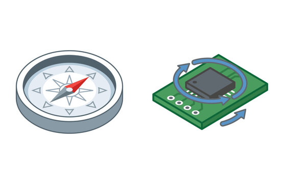 Isometric Vector Icons Featuring a Magnetic Compass and a Microchip Processor with Rotation Arrows