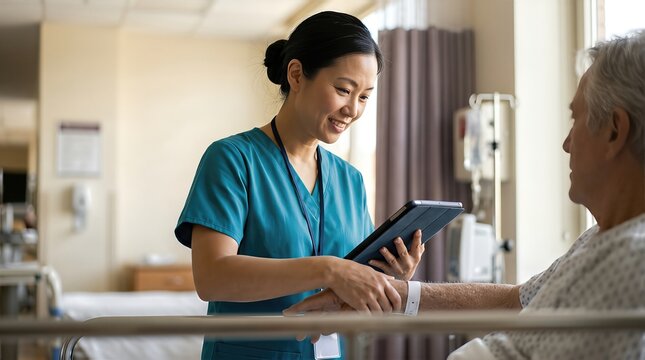 Smiling nurse holding tablet while reassuring elderly patient in hospital room, steady compassionate care despite healthcare staff shortage