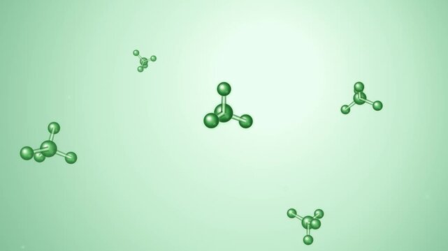 Abstract representation of multiple methane molecules floating in a light green environment with soft lighting