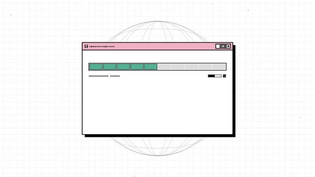 Retro computer window loading graphic with progress bar animation