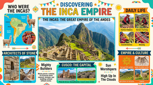 Educational Infographic of the Inca Empire History Culture and Machu Picchu Landmark