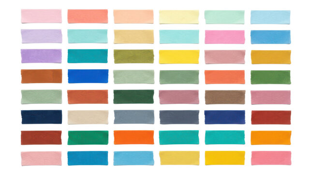 A grid of 42 colorful rectangular swatches of different pastel and vibrant shades, isolated on transparent background