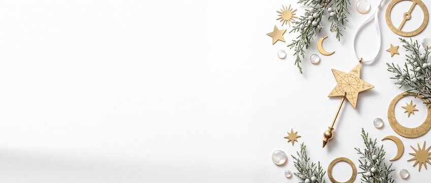 Christmas Banner with Delicate Brass Pendulum Star Ornament Weighted Isolated on White Background