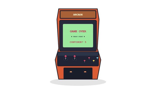 Retro orange arcade machine showing game over screen with countdown timer animation