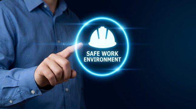 Person in blue shirt pointing at a glowing digital circle with a white hard hat symbol and the text safe work environment