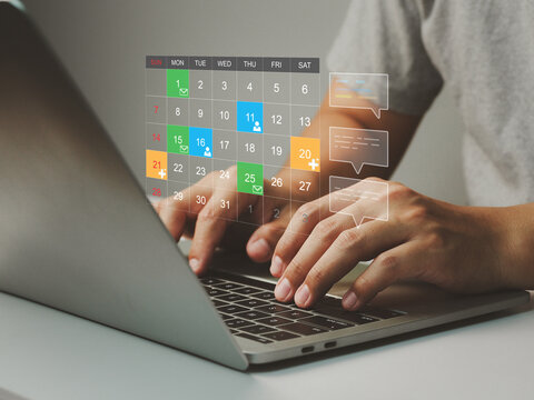 Productivity calendar above laptop keyboard with hands typing, showing colorful appointment blocks and message icons conveying organized schedule and communication
