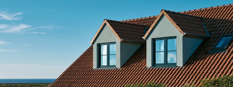 Modern house roof with dormer windows under blue sky and ocean view