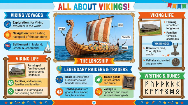 Educational Viking History Infographic Poster with Longship and Runes