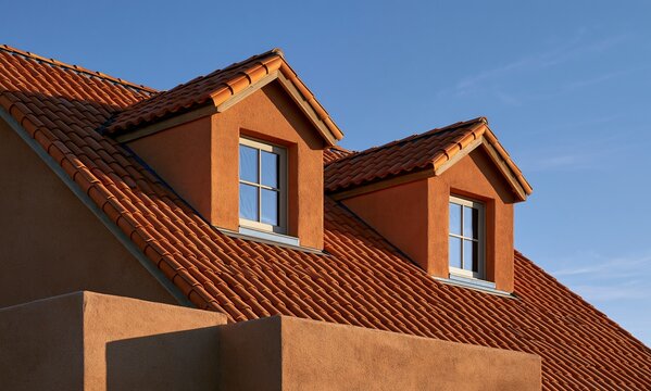 Orange tile roof with dormer windows against bright blue summer sky view